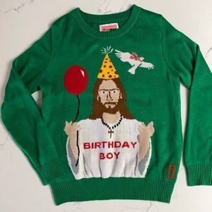 Tipsy Elves brand Christmas “birthday boy” sweater - green background